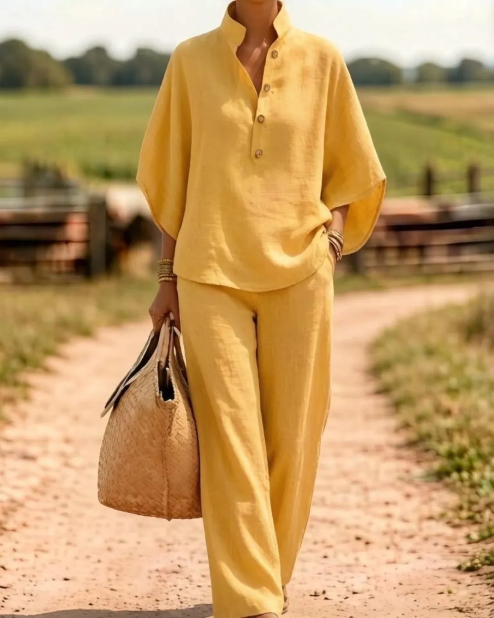 Batwing Sleeve Two-Piece Set Wide Leg Pants Coastal Chic Outfit