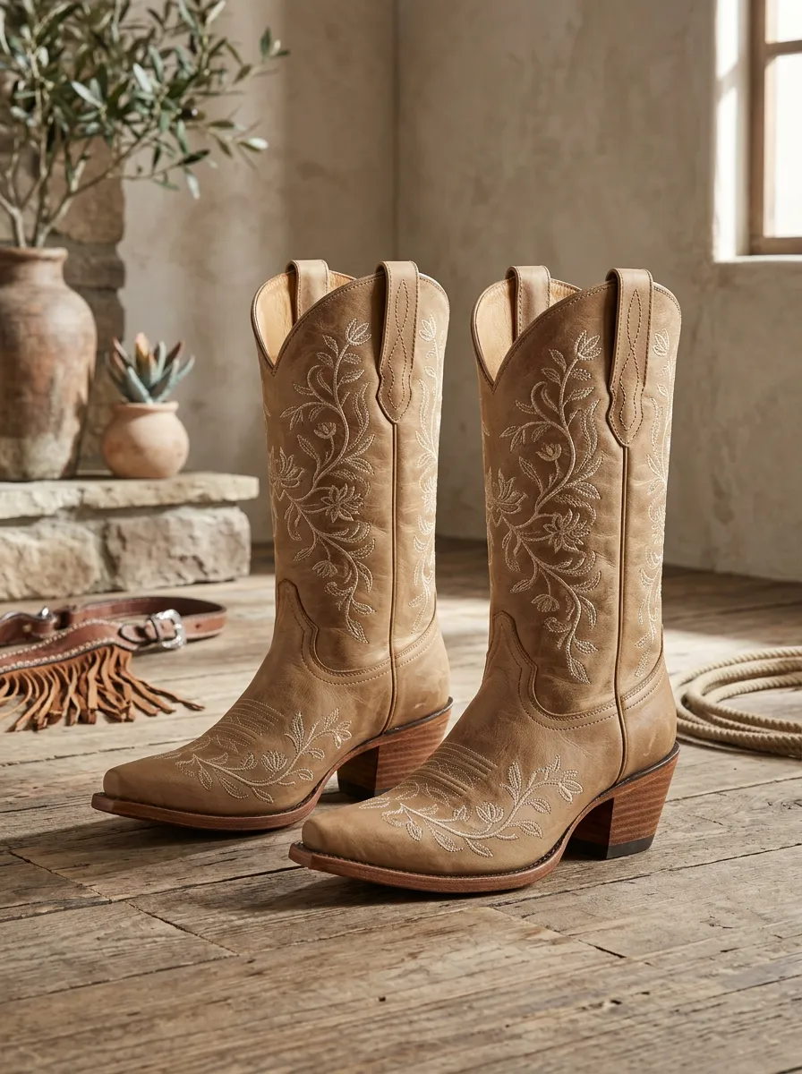 Unisex Western Floral Embroidered Tan Printed Boots