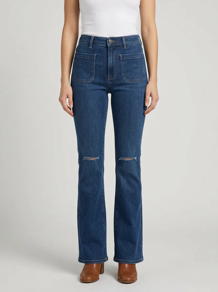 Women's High-Rise Front Patch-Pocket Knee-Distressed Flare Jeans