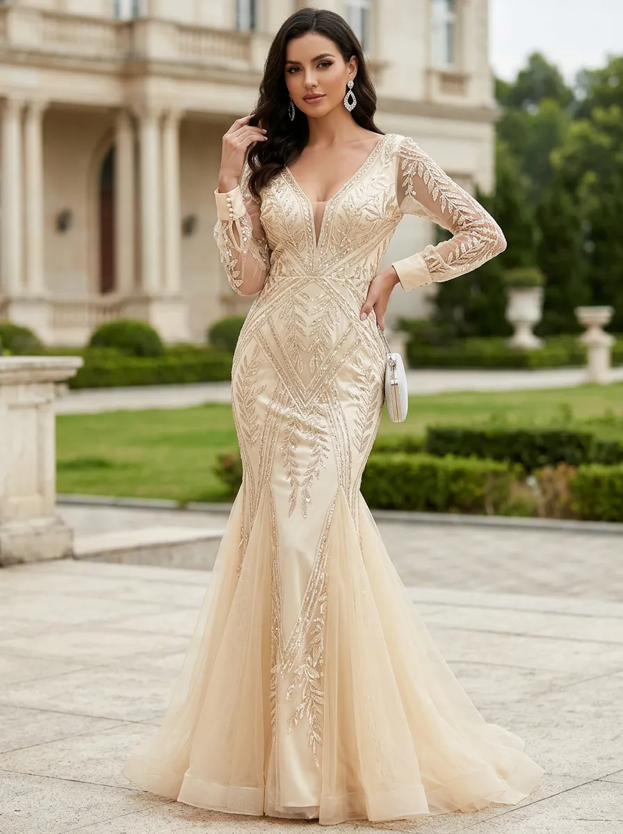 Women's Gala Leaf Sequin Embroidered Mermaid Evening Gown