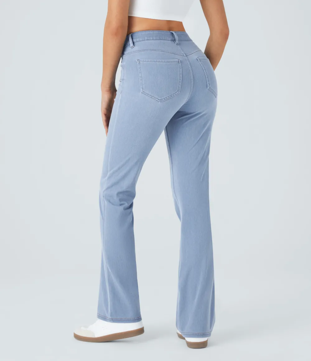Magic Mid Rise Button Pockets Stretchy Knit Casual Bootcut Jeans