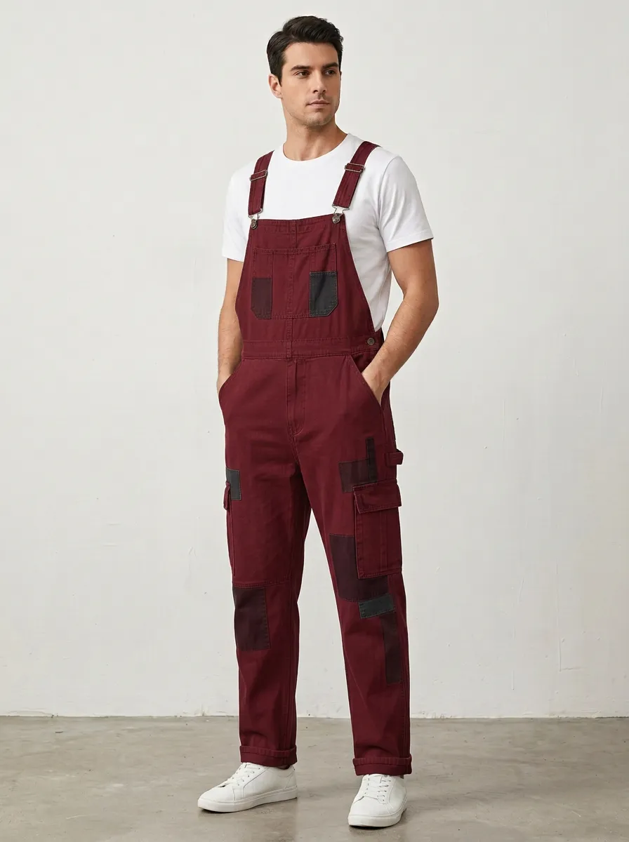 Patchwork Denim Cargo Flap Pocket Overalls