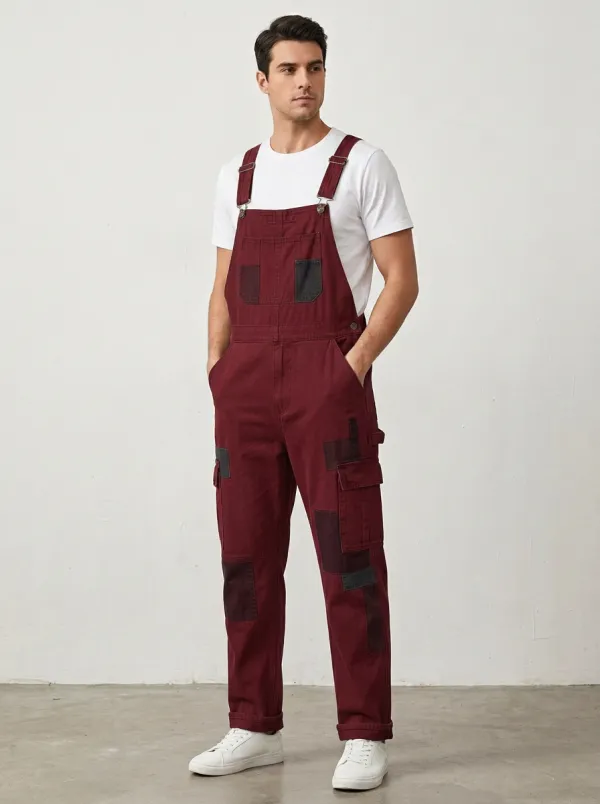 Patchwork Denim Cargo Flap Pocket Overalls