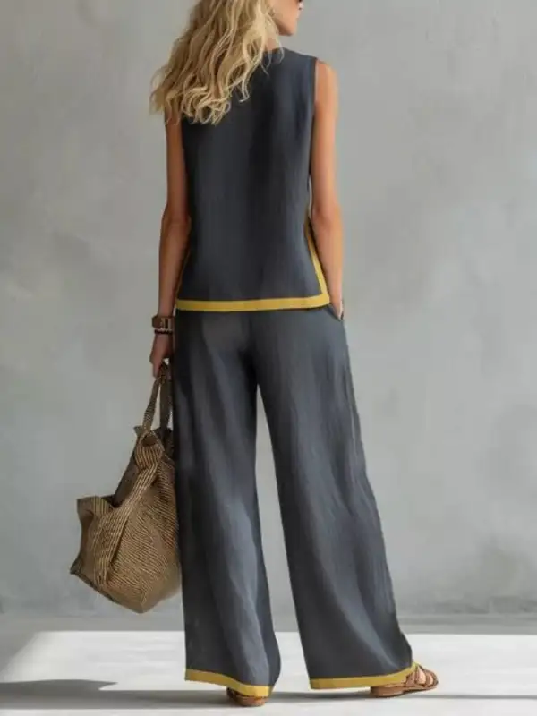 Full Size Contrast Stripe Sleeveless Top & Wide Leg