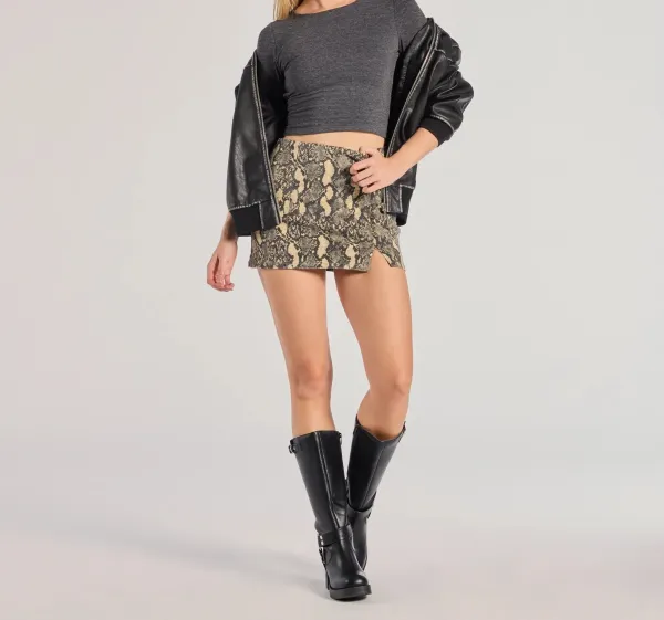 Snake Print Denim High-Rise Slit Mini Skirt