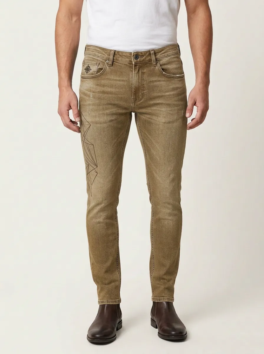 Men's Geometric Compass Printed Slim-Fit Jeans