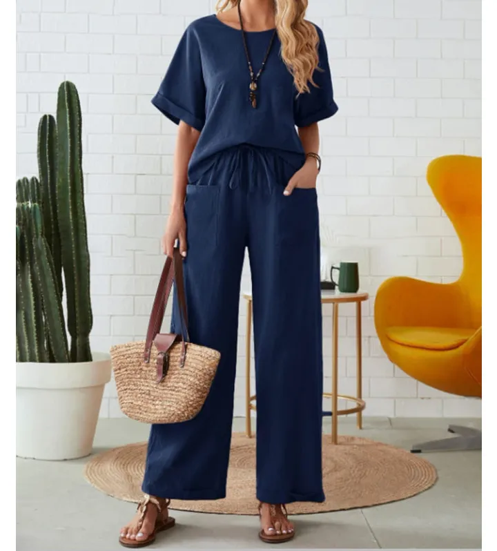 Round Neck Half Sleeve Top and Pocketed Pants Set
