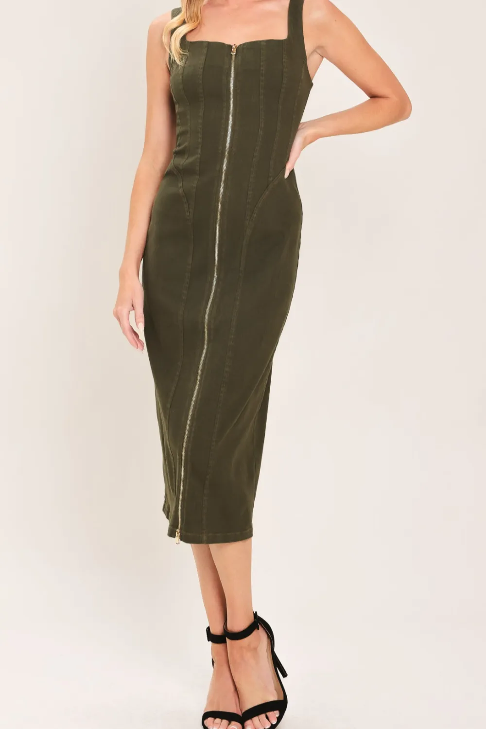 Modern Cargo Chic Woven Twill Midi Dress