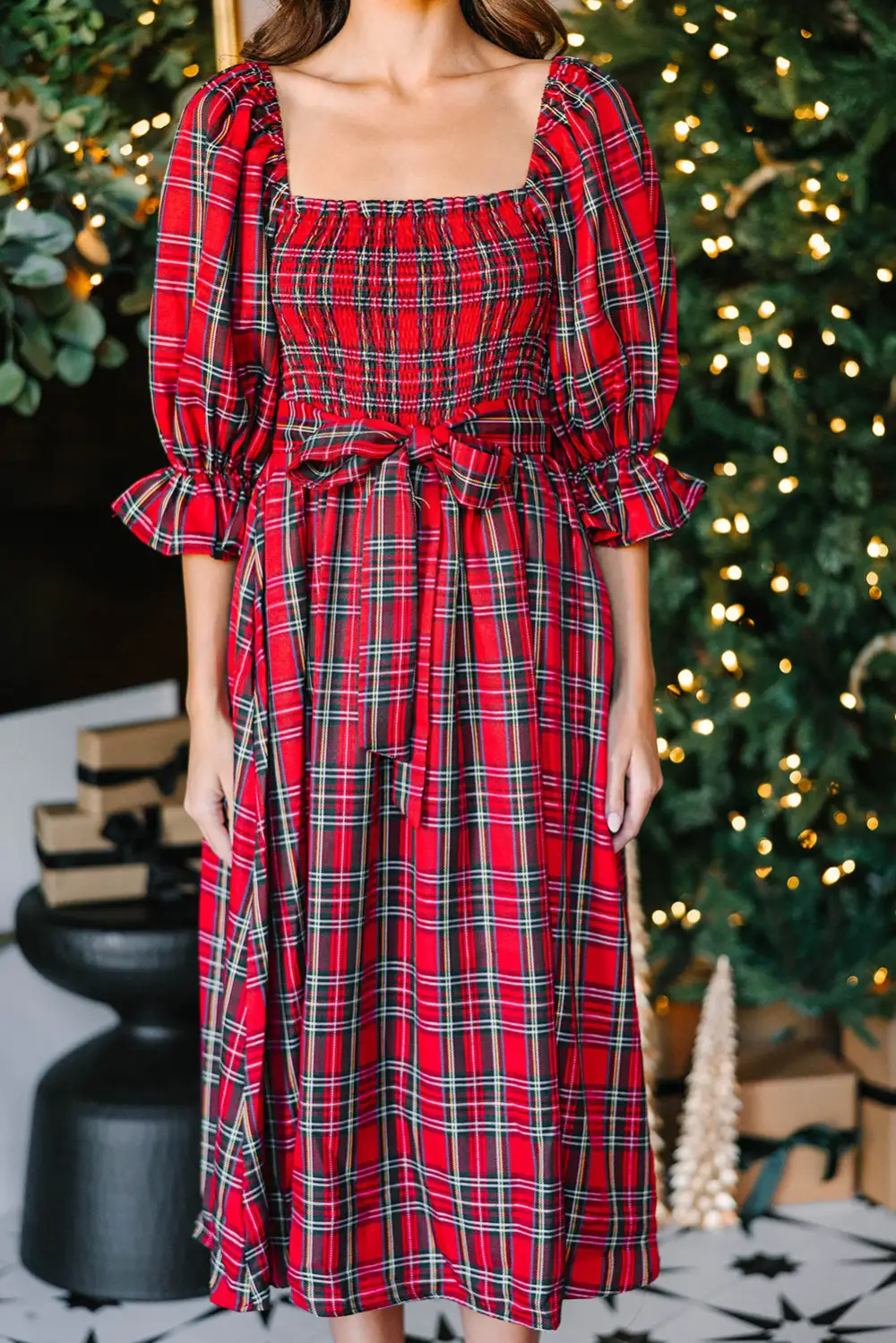 Maxi Tartan Plaid Square Neck Puff Sleeve Knot Waist