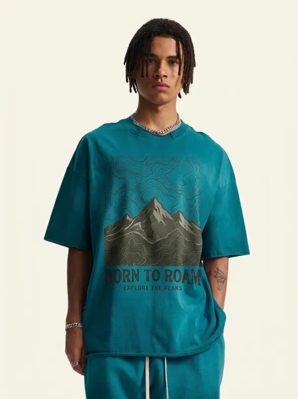 Men's Oversized Frontier Trek Outdoor Adventure Born To Roam Mountain Topographic Graphic T-Shirt