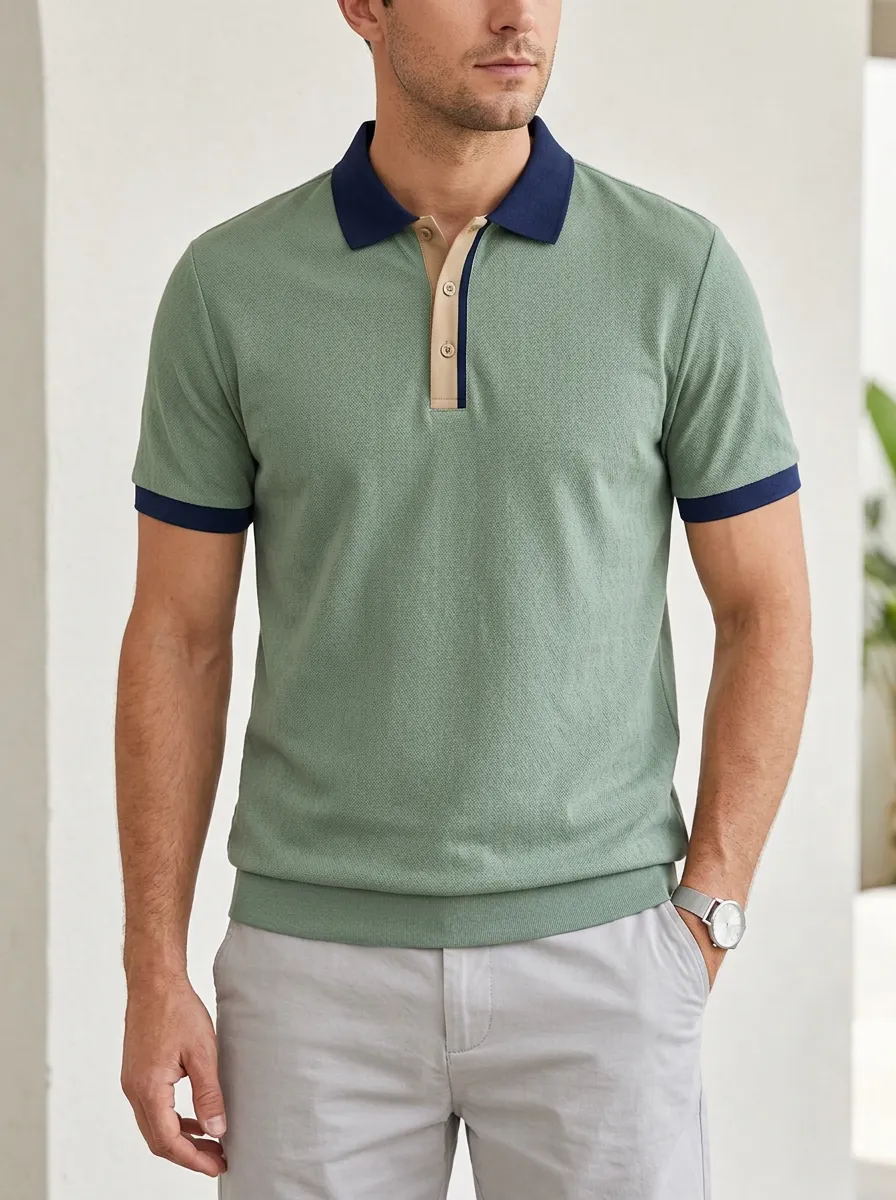 Men's Casual Sage Green Contrast Collar Button Placket Polo Shirt