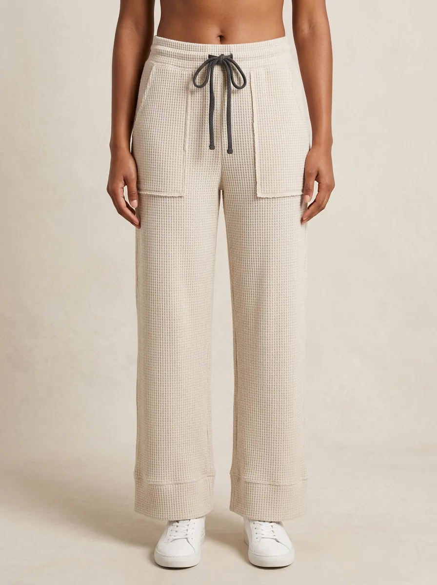 Women's Casual Waffle Knit Drawstring Wide Leg Pants