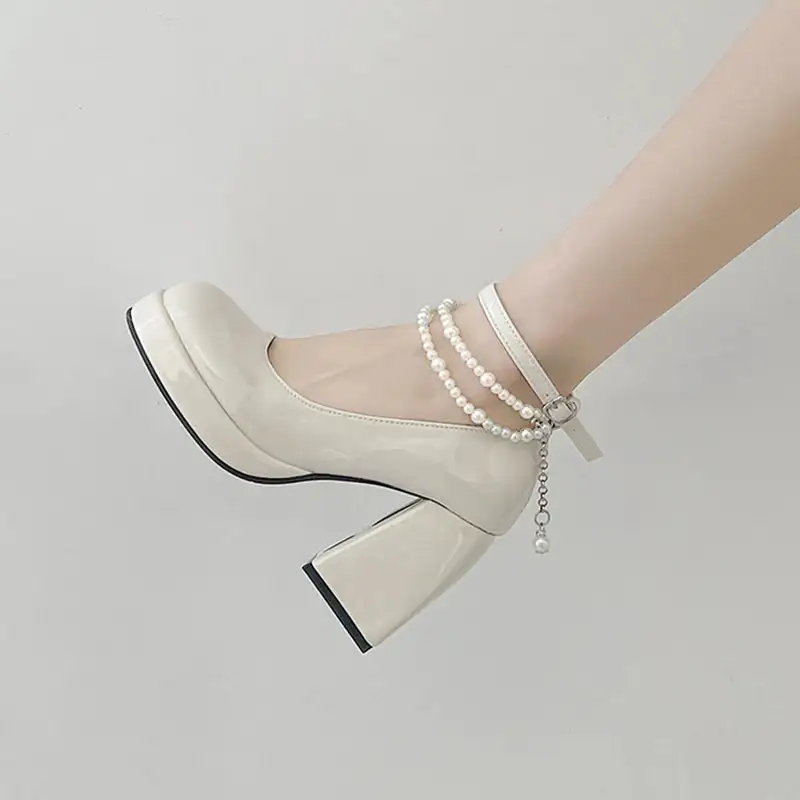 Pearl-Detail Square-Heel Platform Pumps