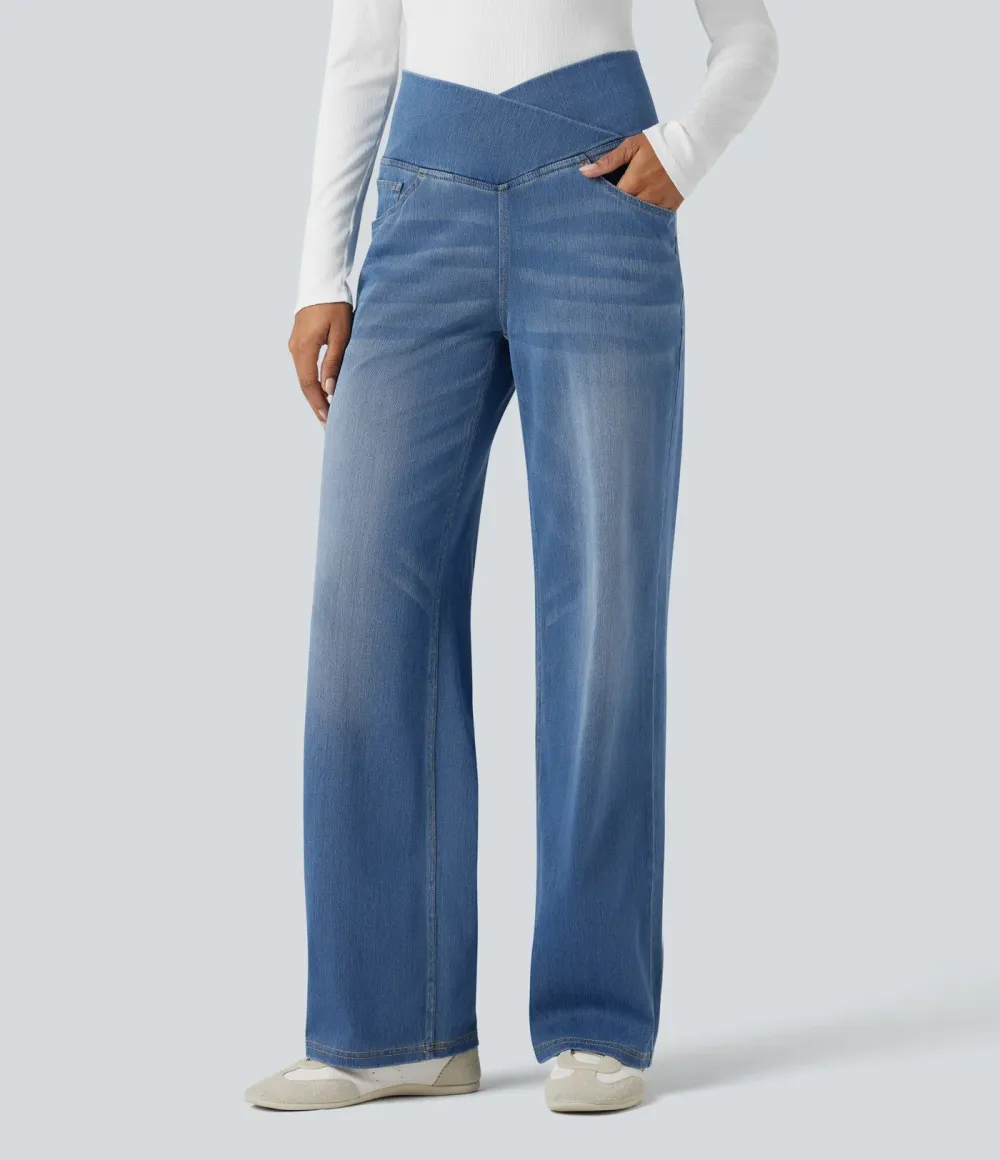 High-waisted, relaxed, crossover straight-leg jeans with  pockets