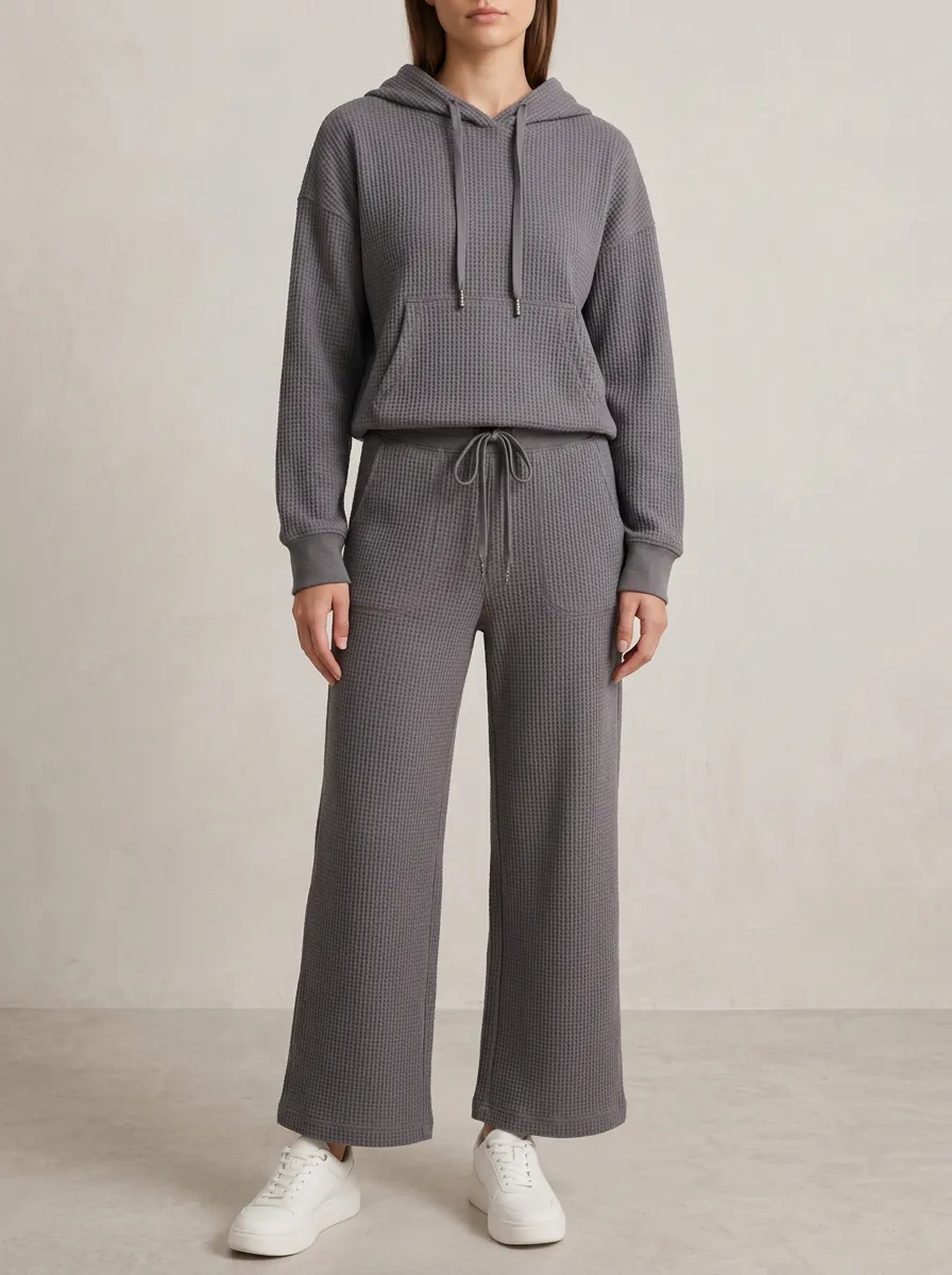 Women's Waffle Knit Solid Grey Casual Hooded Top