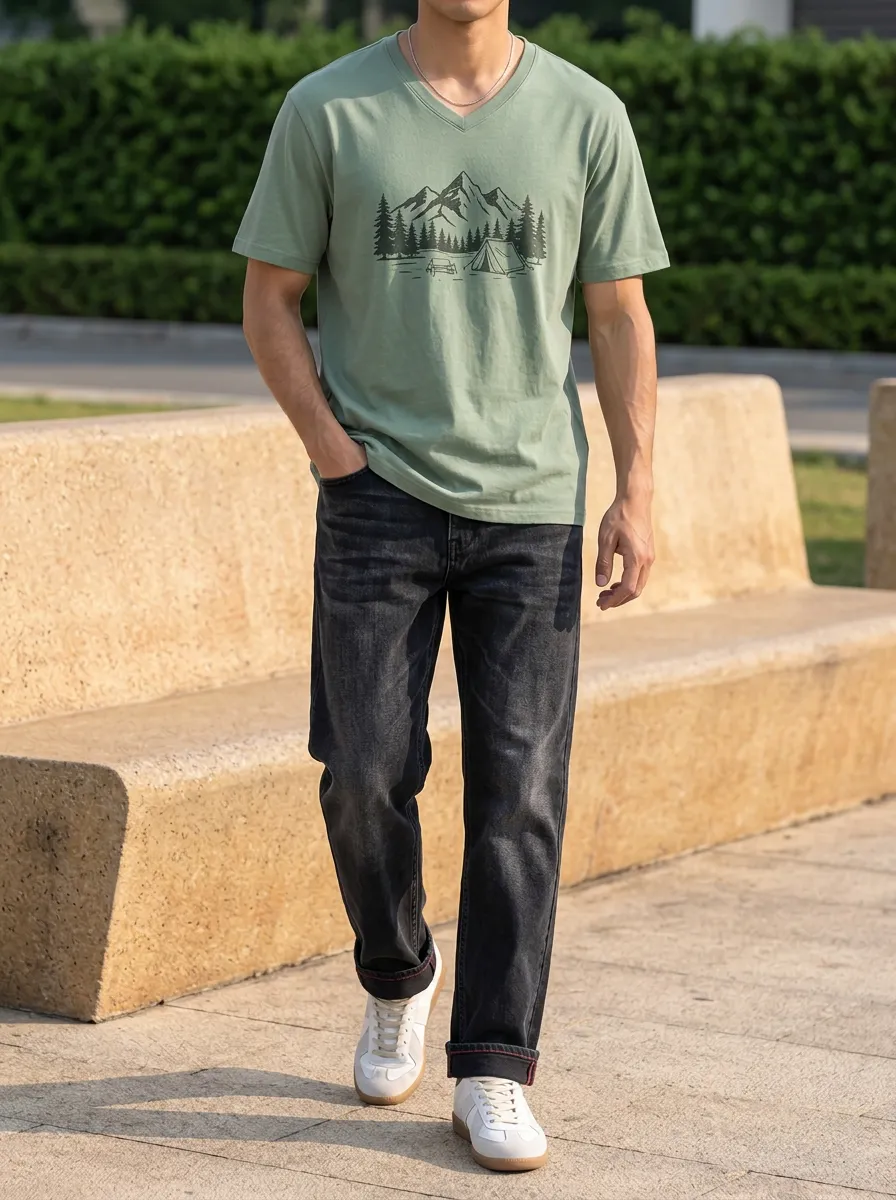Men's Camping Lover Mountain Forest Printed T-Shirt and Jeans Set