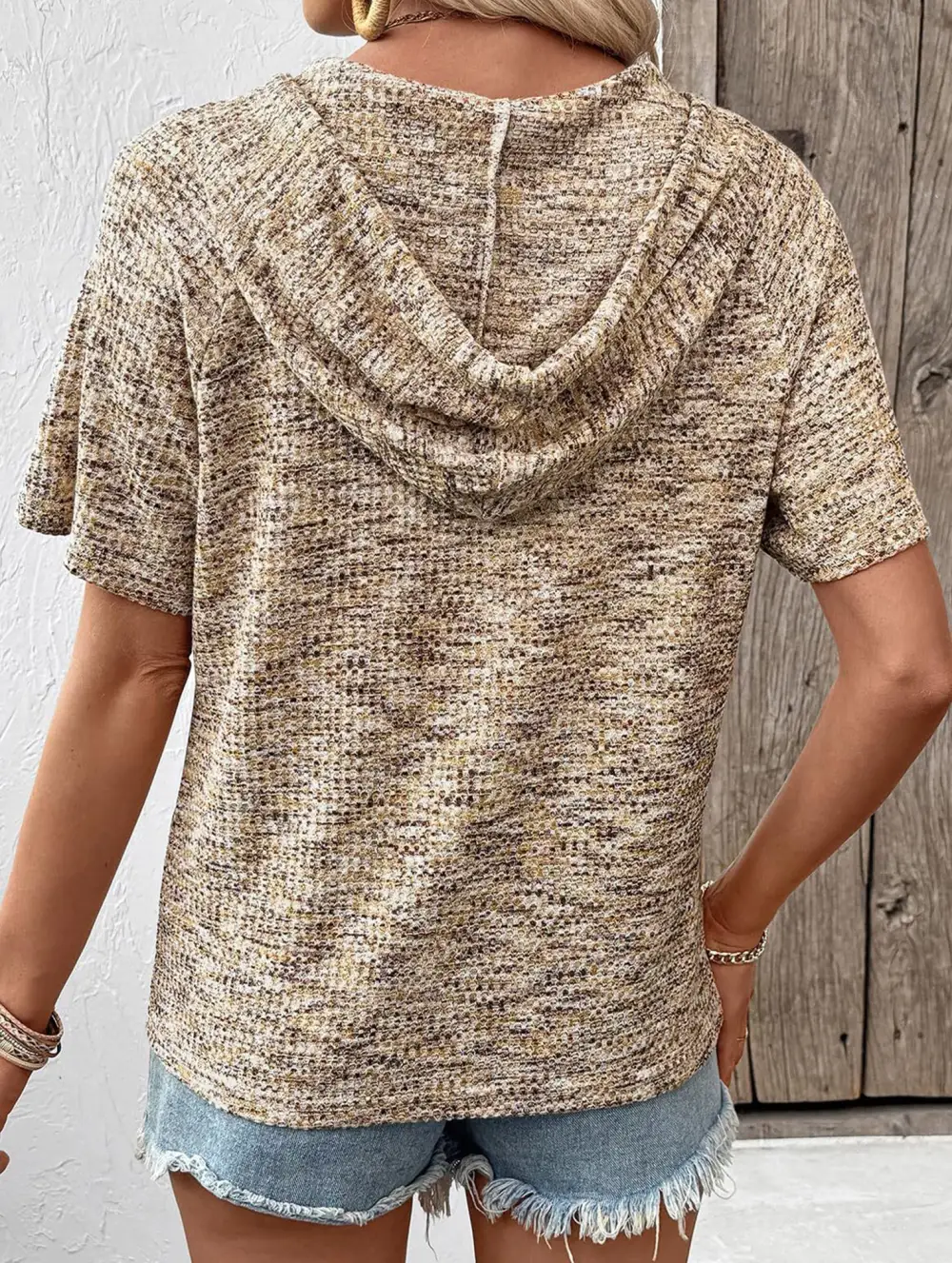 Waffle V-Neck Hooded Short Sleeve Top