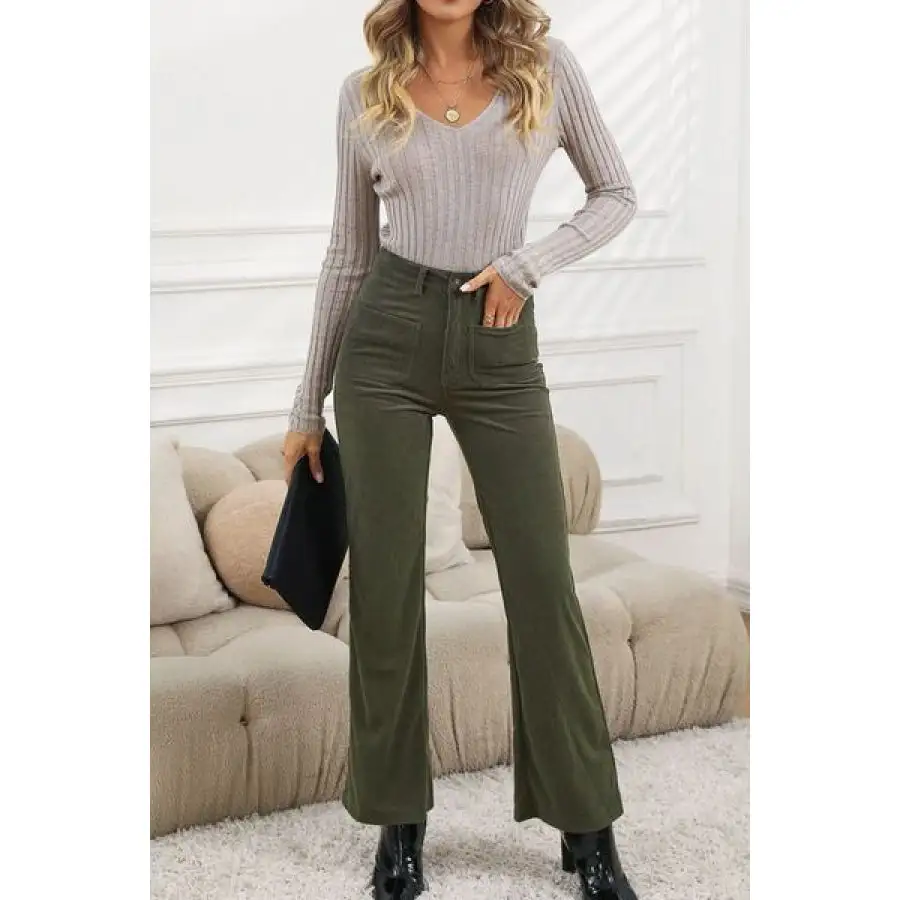 High Waist Square Pockets Corduroy Pants