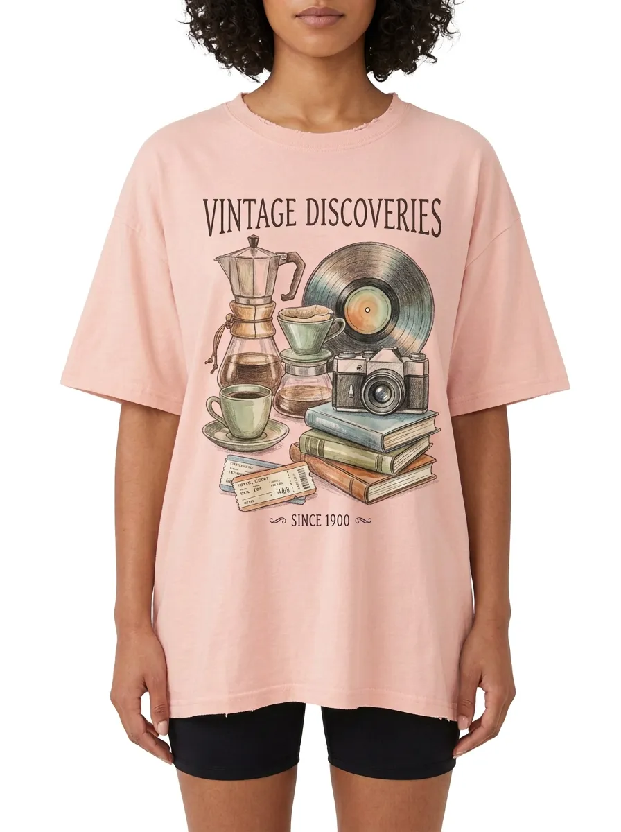 Women's Unisex Vintage Discoveries Coffee Vinyl Camera Graphic T-Shirt