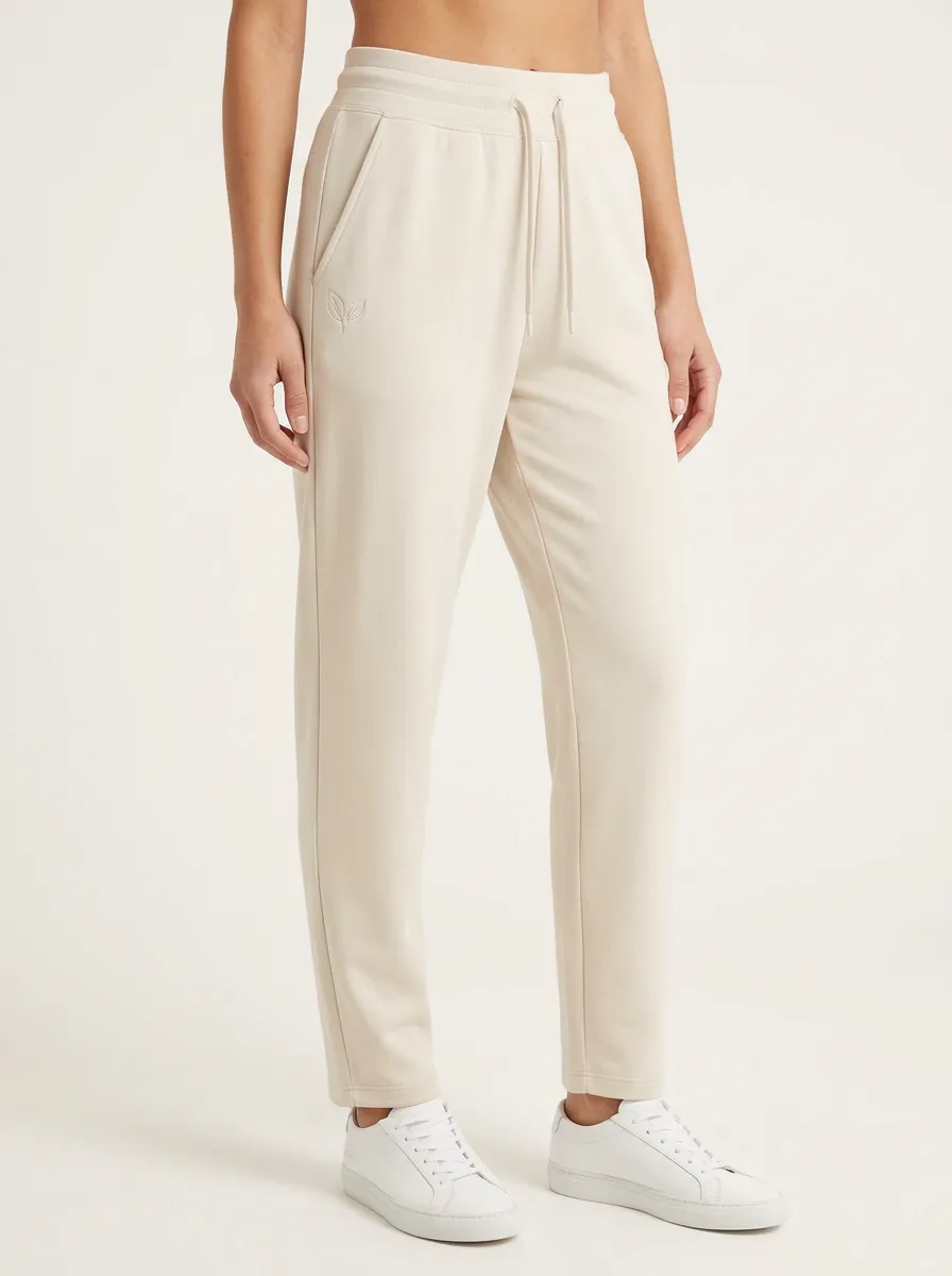 Women's Minimalist Beige Leaf Logo Embroidered Joggers