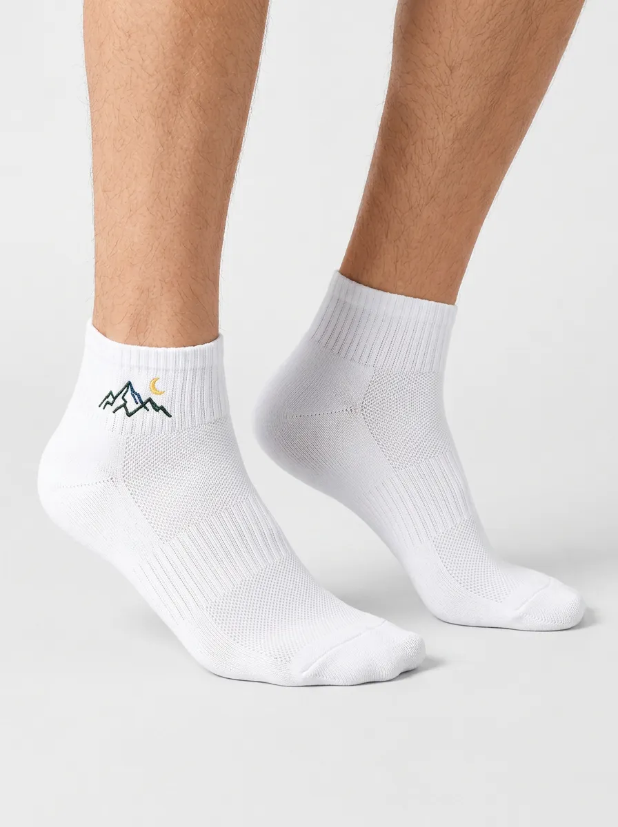 White Scenic Mountain Moon Graphic Sport Ankle Socks