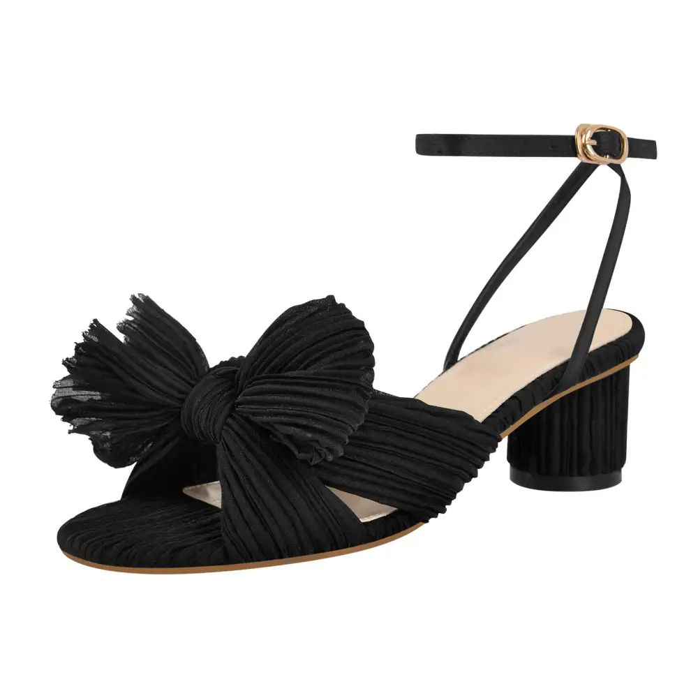 Pleated Bow Mid Chunky Heel Sandals