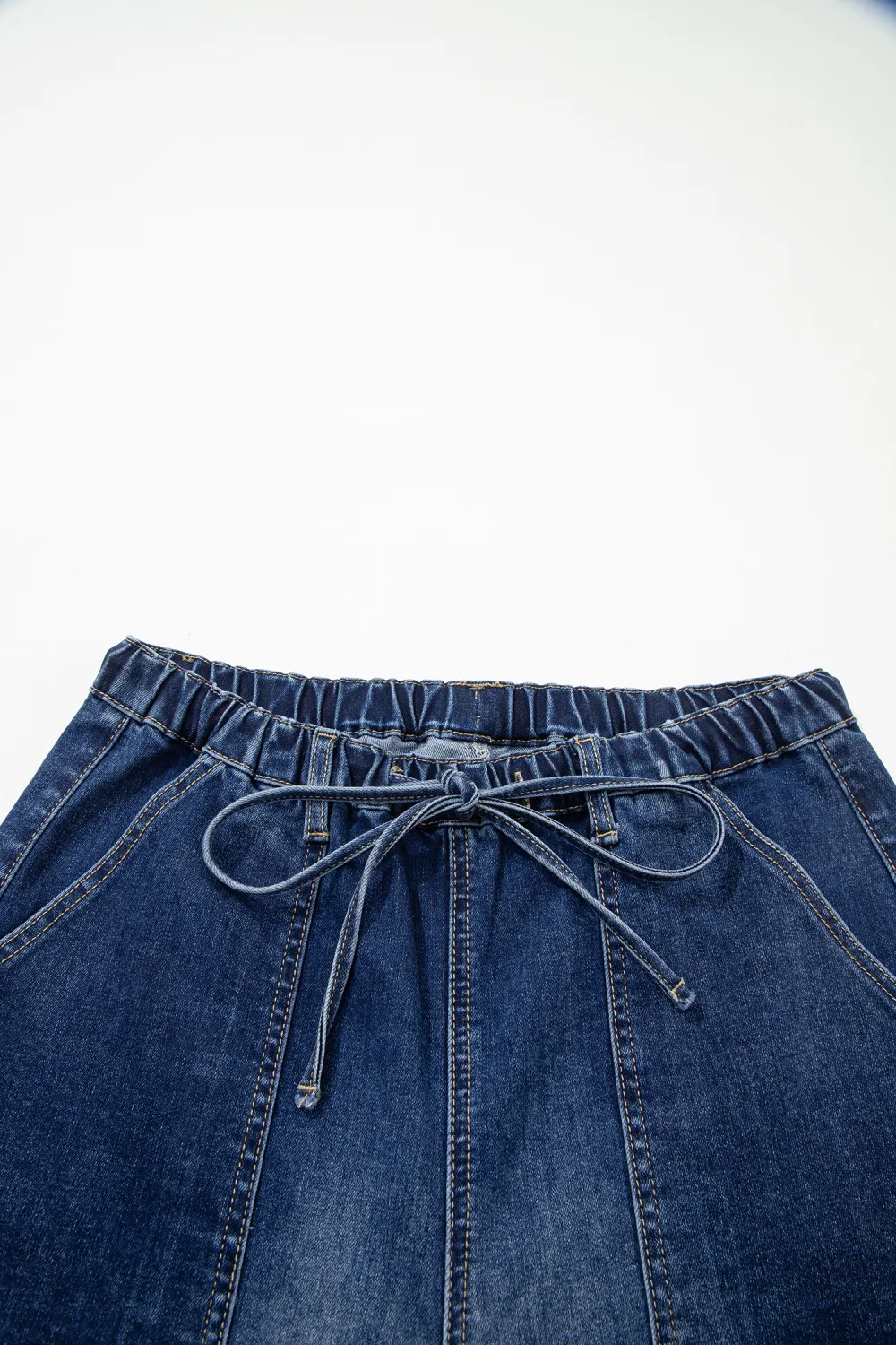 Deep Blue Drawstring Wide Leg Jeans