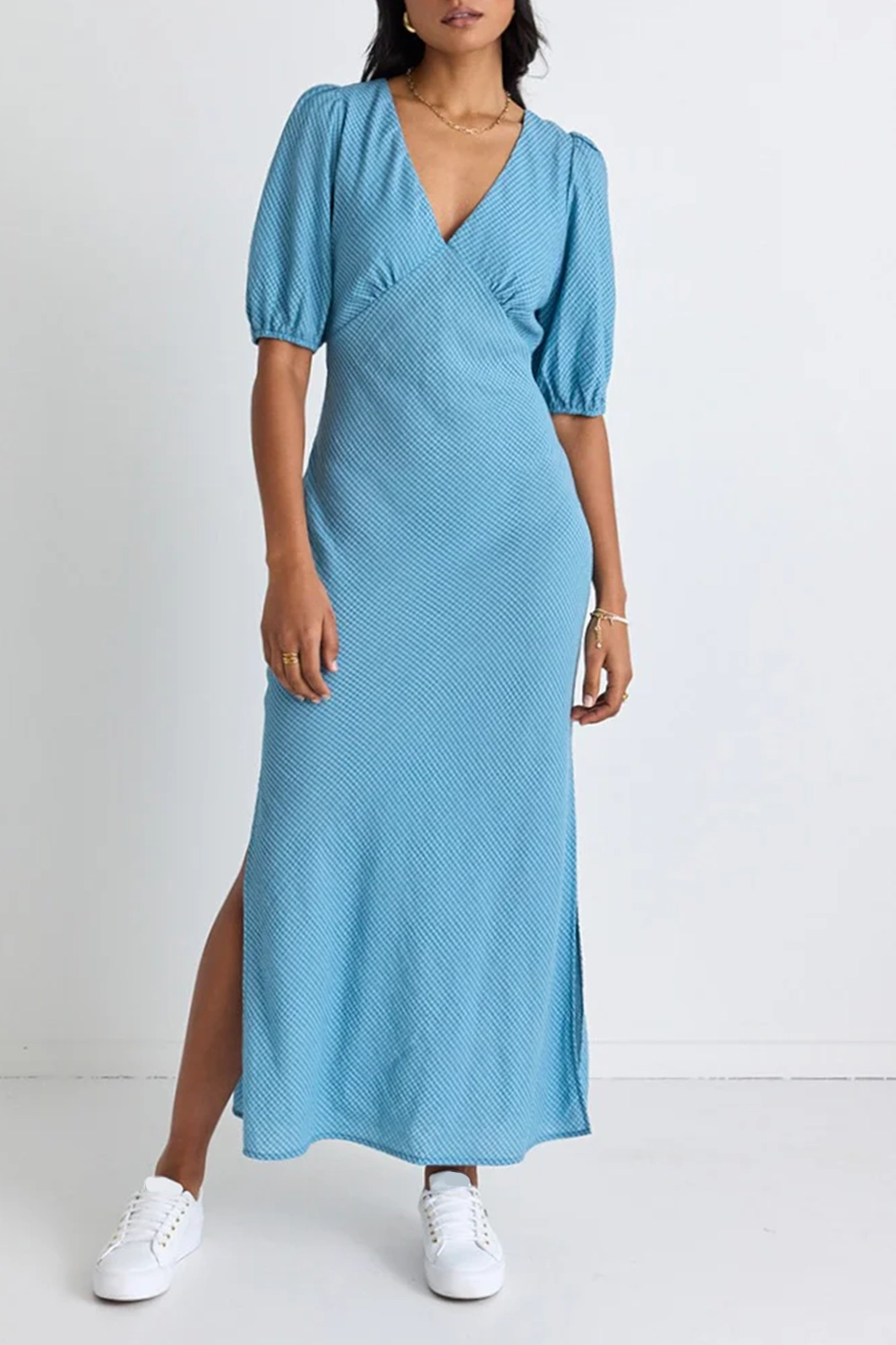 V - Neck Puff - Sleeve Maxi Dress