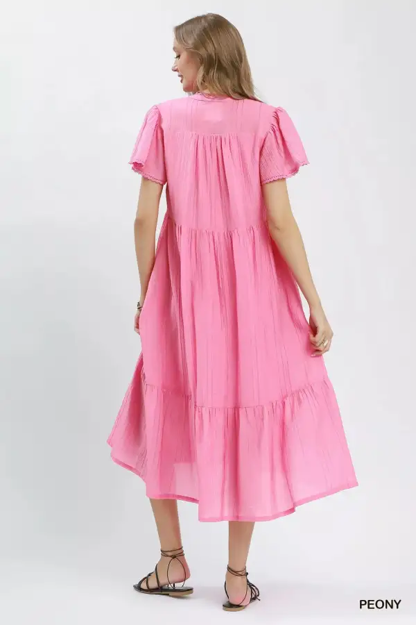 Textured Textured Tiered Midi Dress with Side Pockets