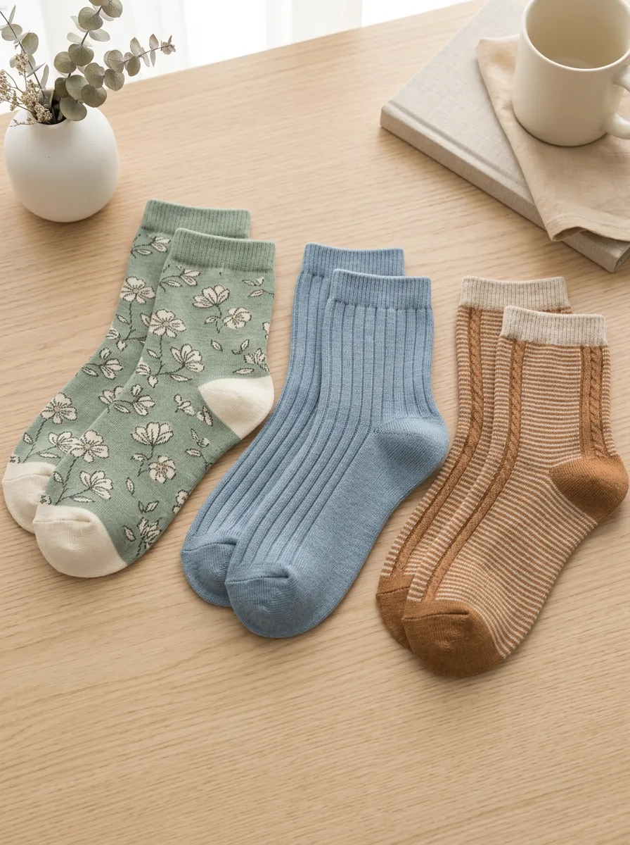 Women's Vintage Floral Striped Ribbed Printed Socks Set