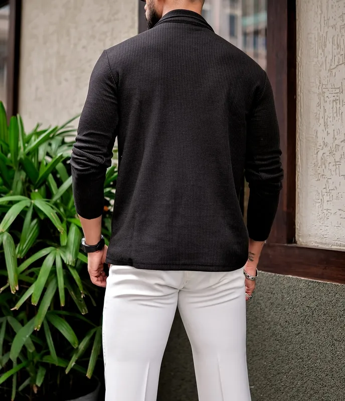 Black Quarter-Zip Henley Style Casual Shirt