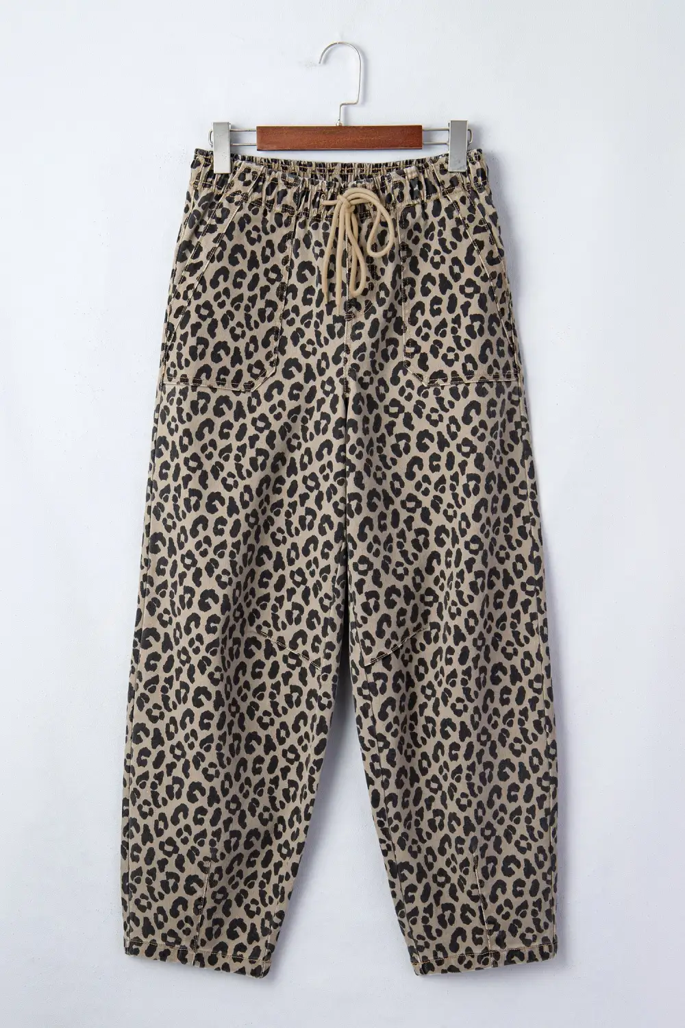 Leopard Print Drawstring Elastic Waist Loose Denim Pants with Pockets