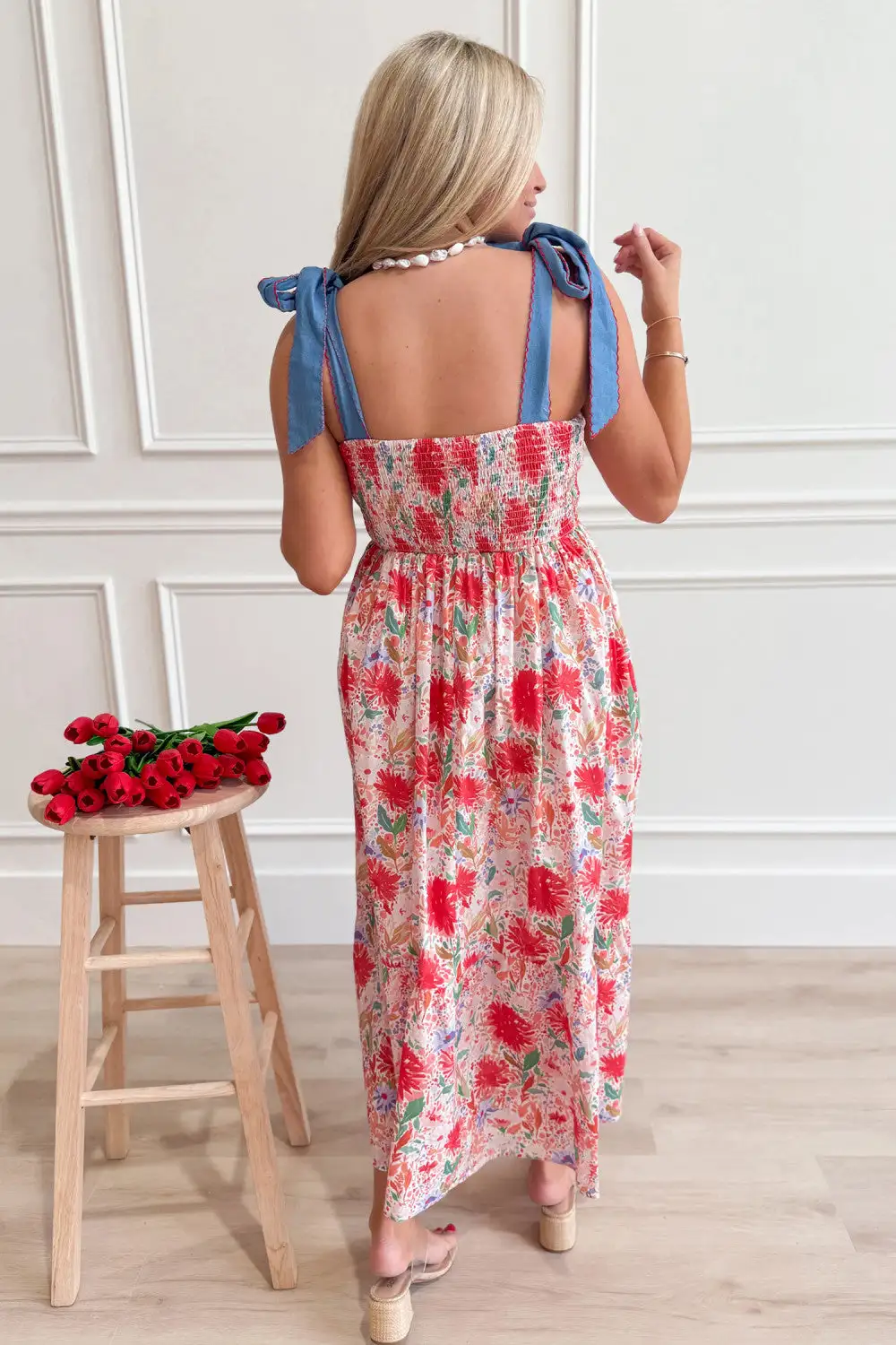 Floral Contrast Denim Strap Casual Dress