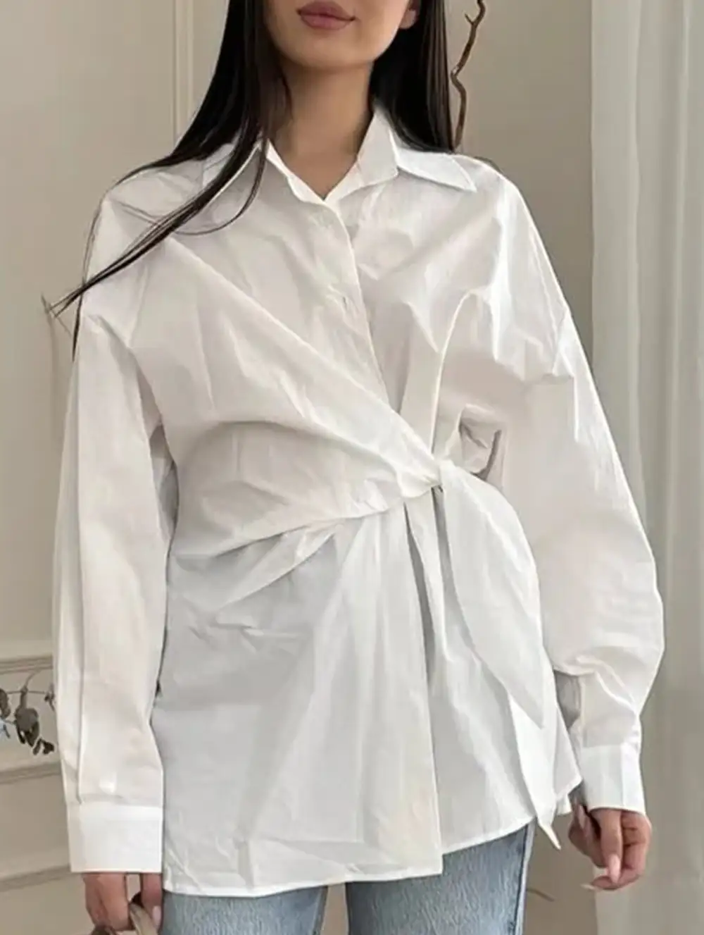 Lapel Button Tie Waist Slim Shirt