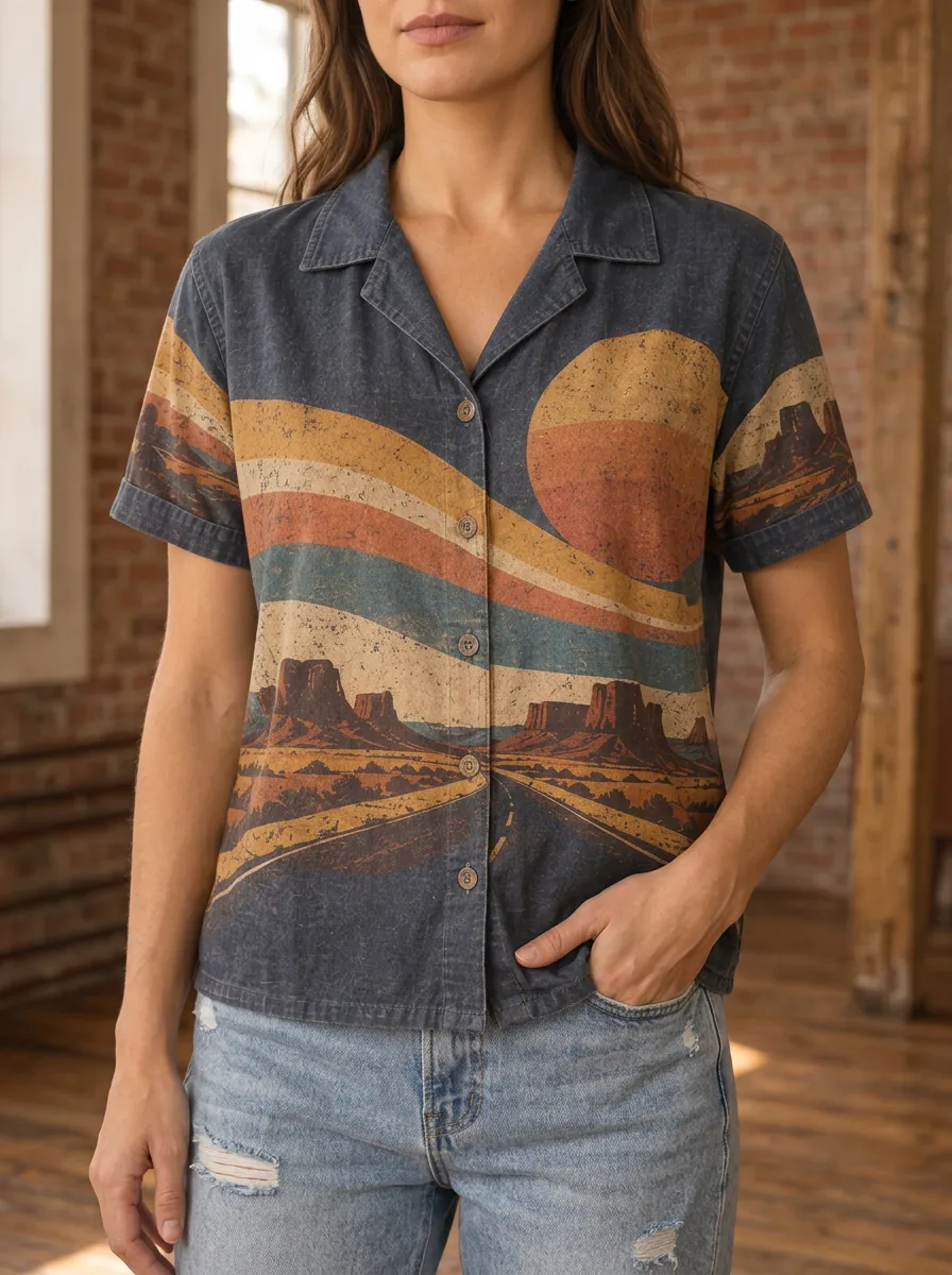 Women's Landscape Retro Desert Landscape Sunset Shirt