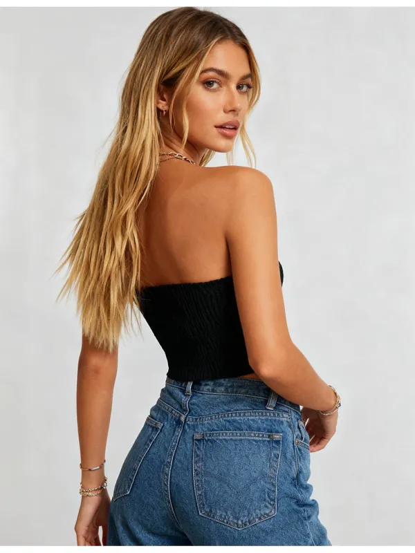 Velvet Strapless Corset Bow Neck Sleeveless Tube Top