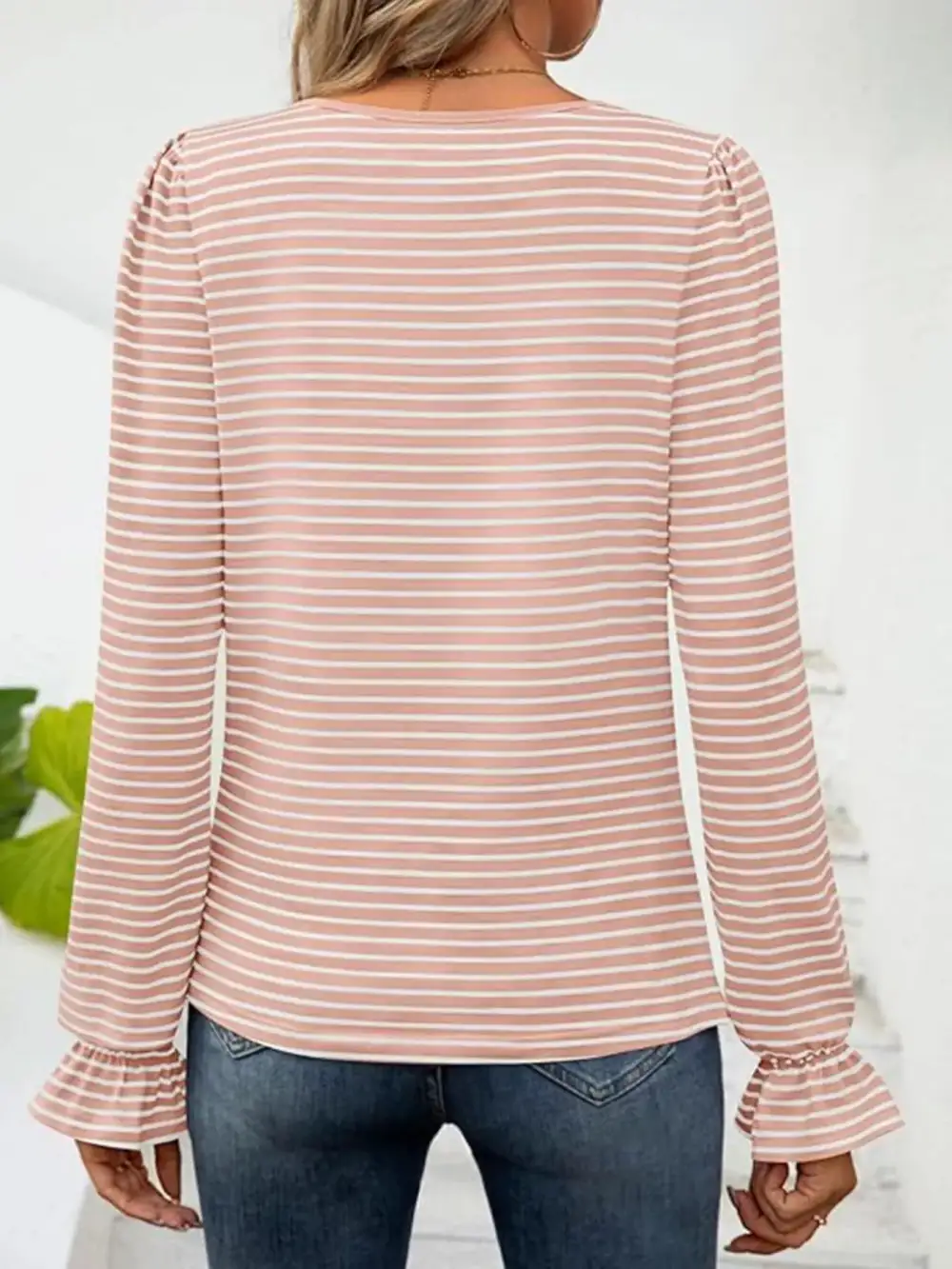 Striped Long Sleeve T-Shirt with Square Neckline