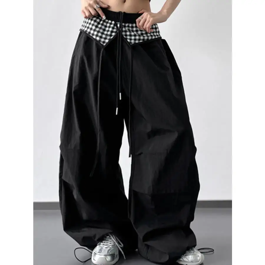 Wide Leg Pants with Checkered Detail