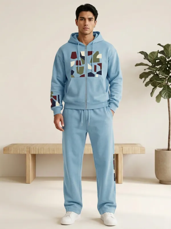 Men's Abstract Geometric Pattern Printed Hooded Tracksuit Everyday Design
