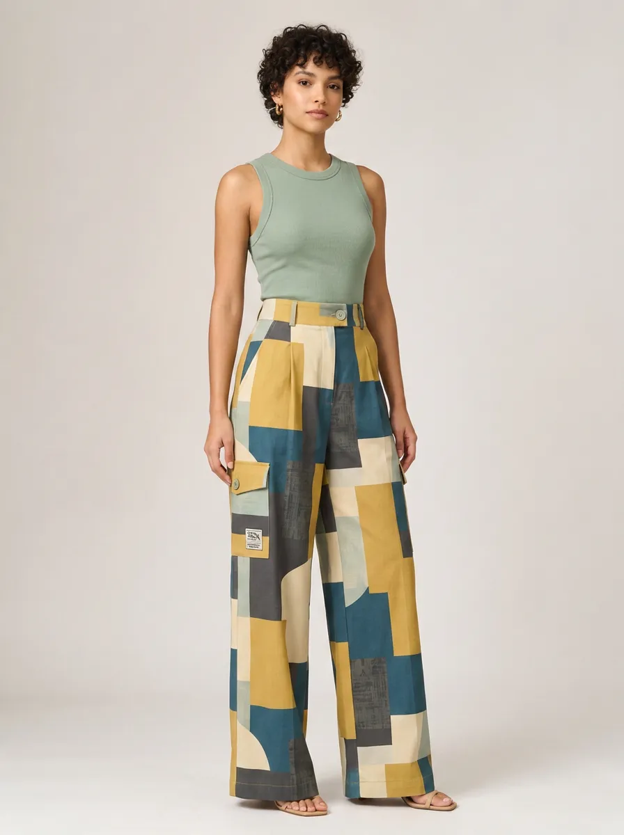 Women's Multi-Color Geometric Print Wide-Leg Cargo Trousers