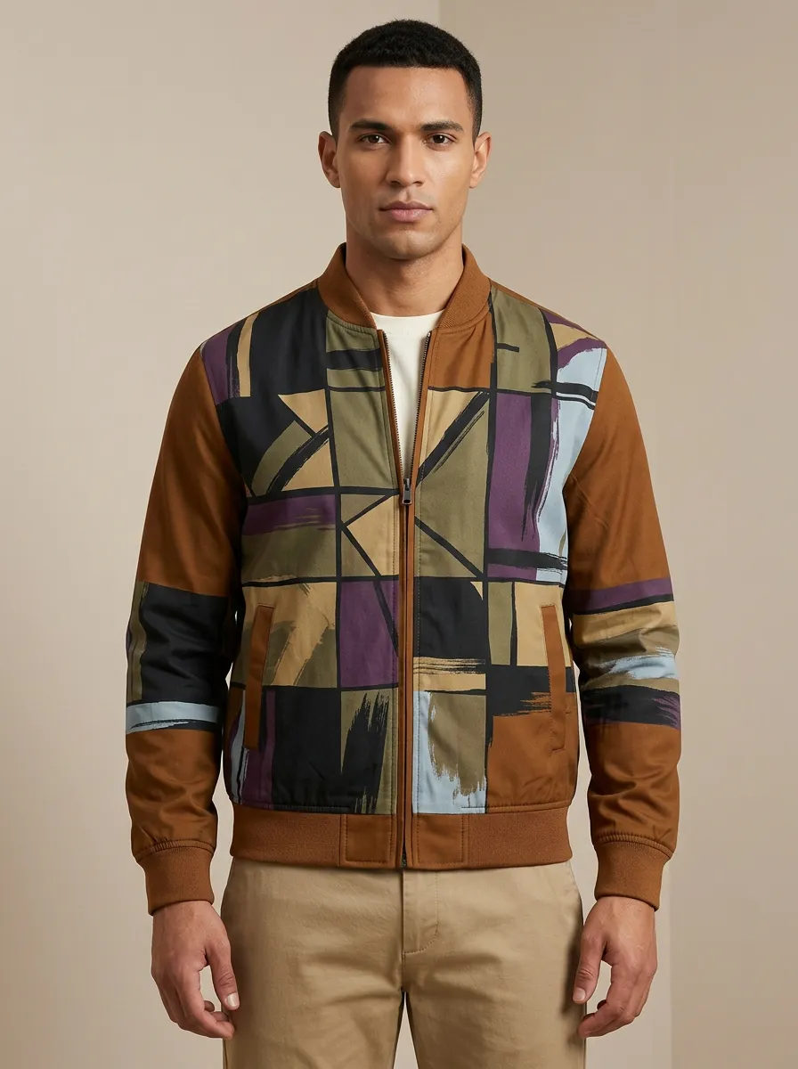 Geometric Print Ribbed Trim Welt Pockets Bomber Jacket