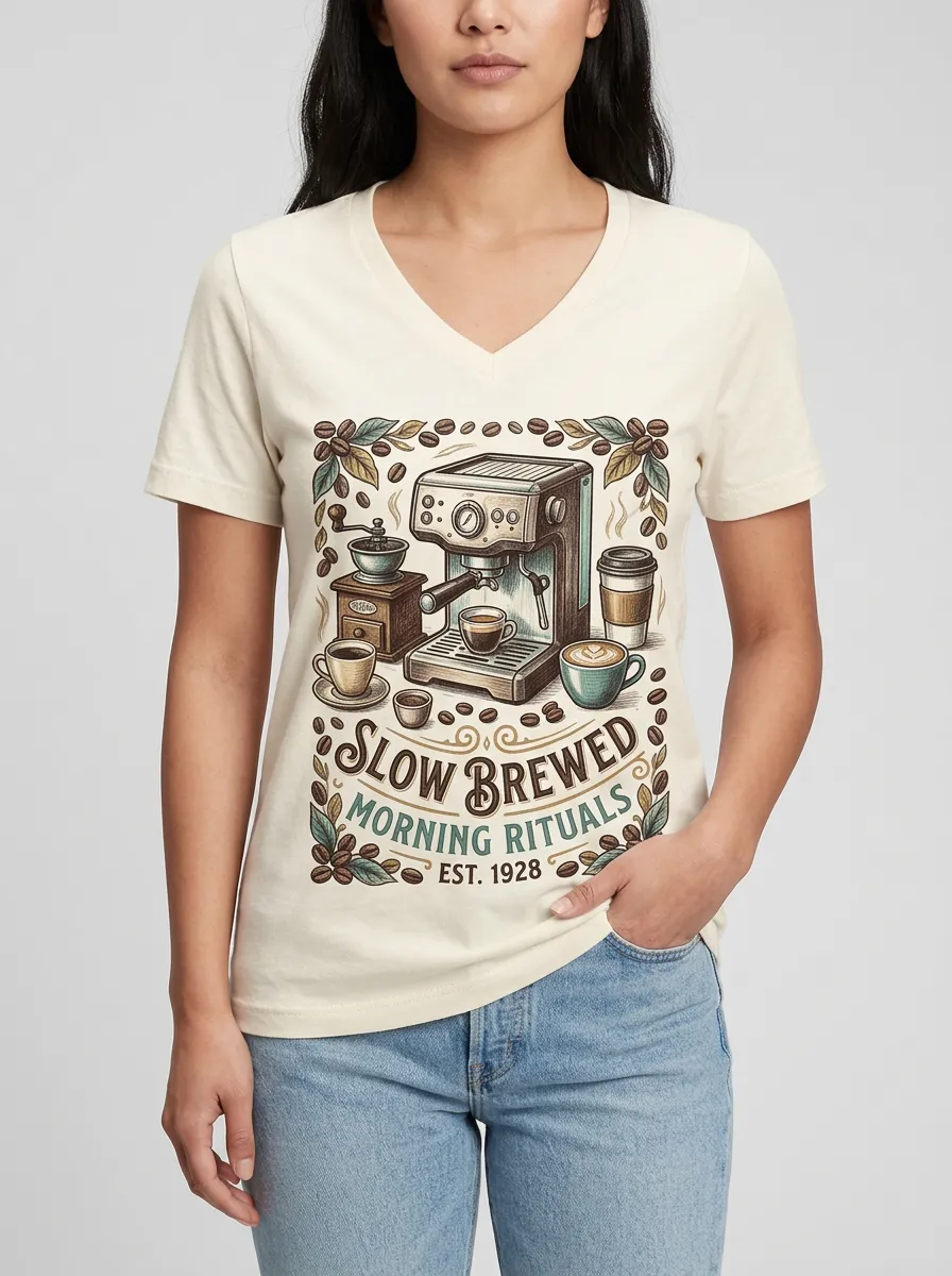 Women's Coffee Lover Slow Brewed Morning Rituals Printed V-neck T-shirt