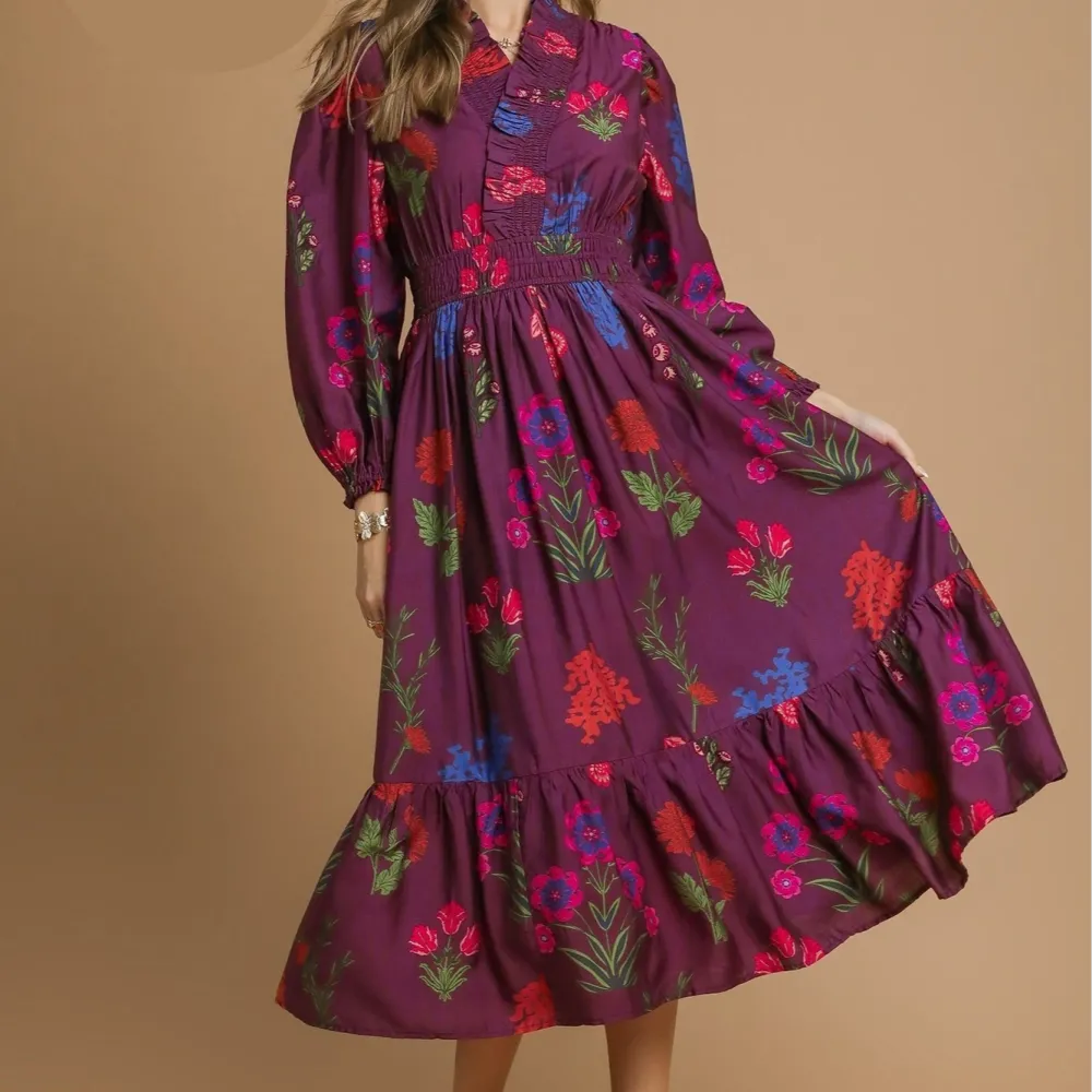 Textured Floral Smocked Tiered Ruffle Detail Dress