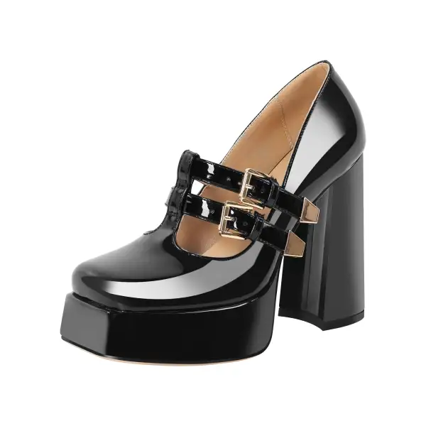 Modern Square Toe Platform Chunky Heel Buckle Strap Pumps