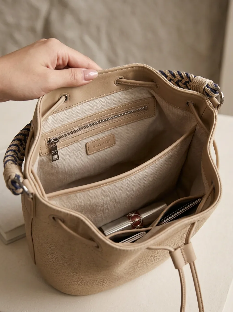 Women's Woven Braided-Handle Drawstring Single-Handle Bucket Bag