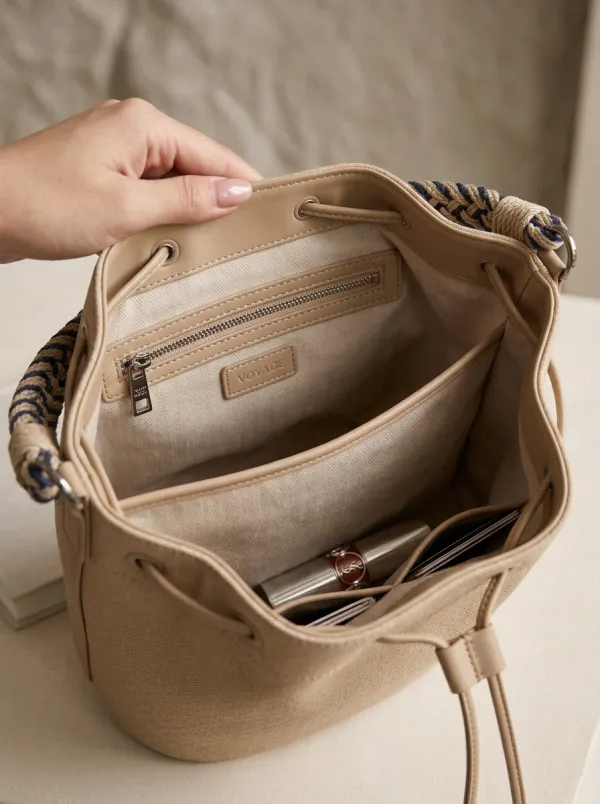Women's Woven Braided-Handle Drawstring Single-Handle Bucket Bag