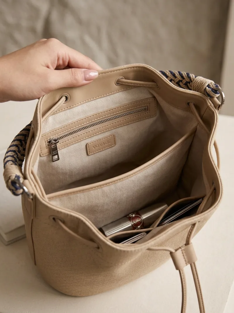 Women's Woven Braided-Handle Drawstring Single-Handle Bucket Bag