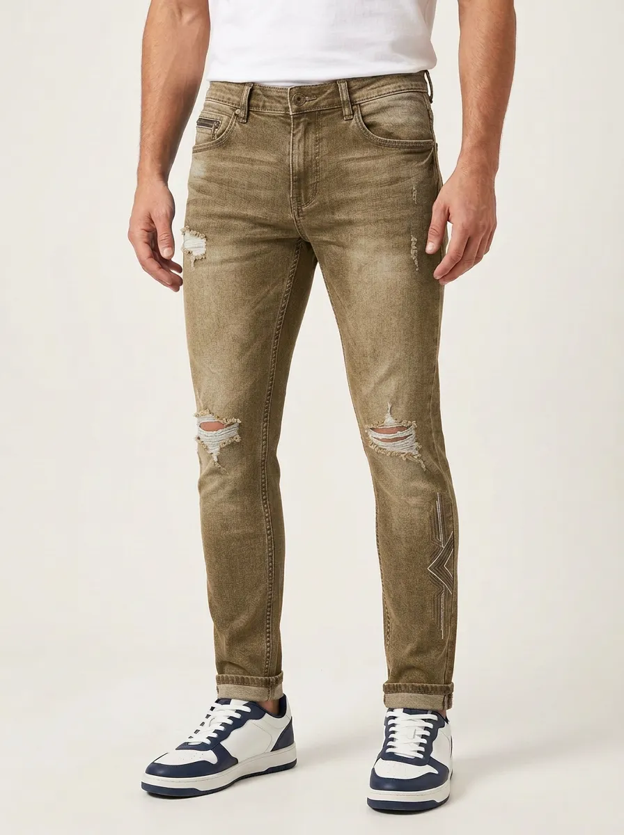 Men's Mid-Blue Distressed Embroidered Slim Jeans