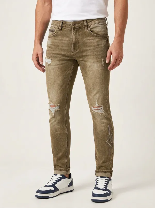 Men's Mid-Blue Distressed Embroidered Slim Jeans