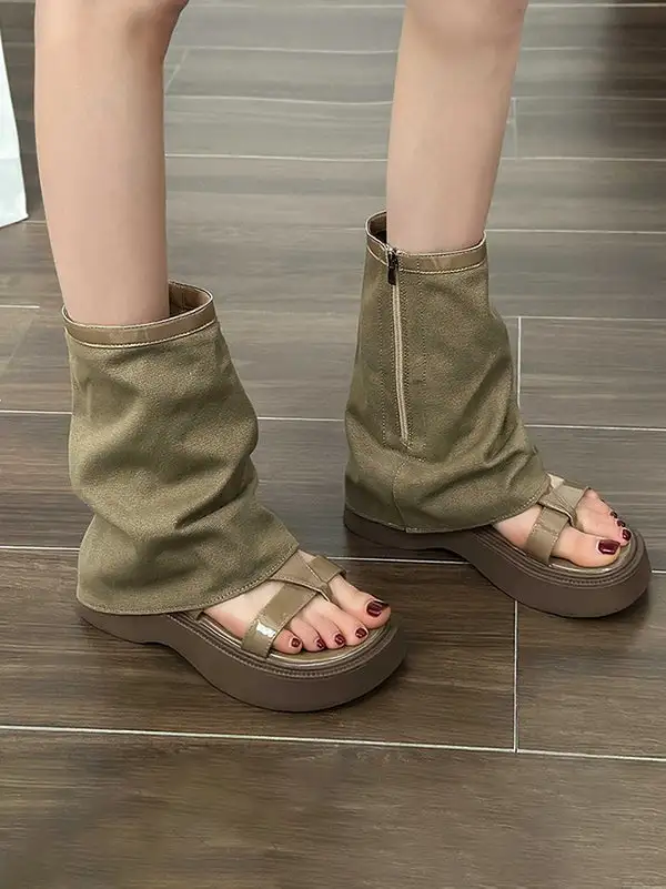 Cutout Panel Detail Split Toe Zip Platform Heeled Sandals